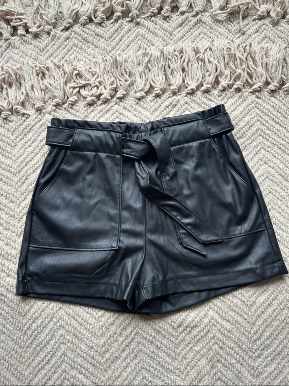 Cisono Black Faux Leather High-Waist Shorts